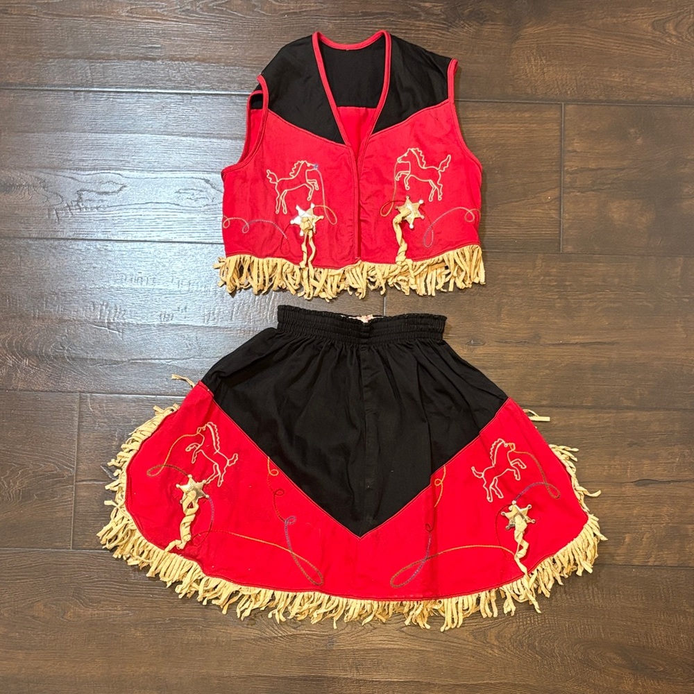 Vintage OOAK Kids Red & Black Cowgirl Performance Costume Set with Fringe